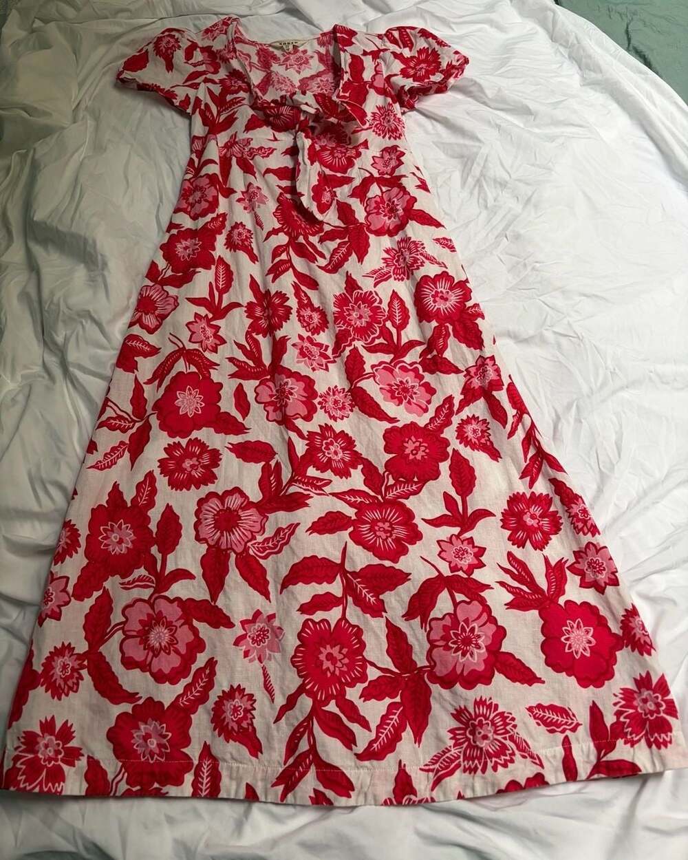 Boden Tie Front Linen Midi Dress Pop Peony Pansy Bloom Women's Size 2P Red White